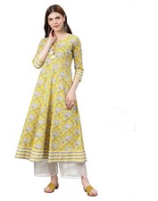 Indian Traditional Women's Cotton Floral Printed Anarkali Kurta Lemon Yellow