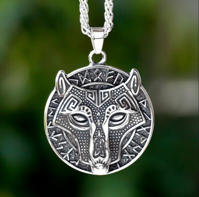 316L EDELSTAHL *** XXL Großer Anhänger 40mm Ø Fenrir Wolf Fenriswolf Runen Kette