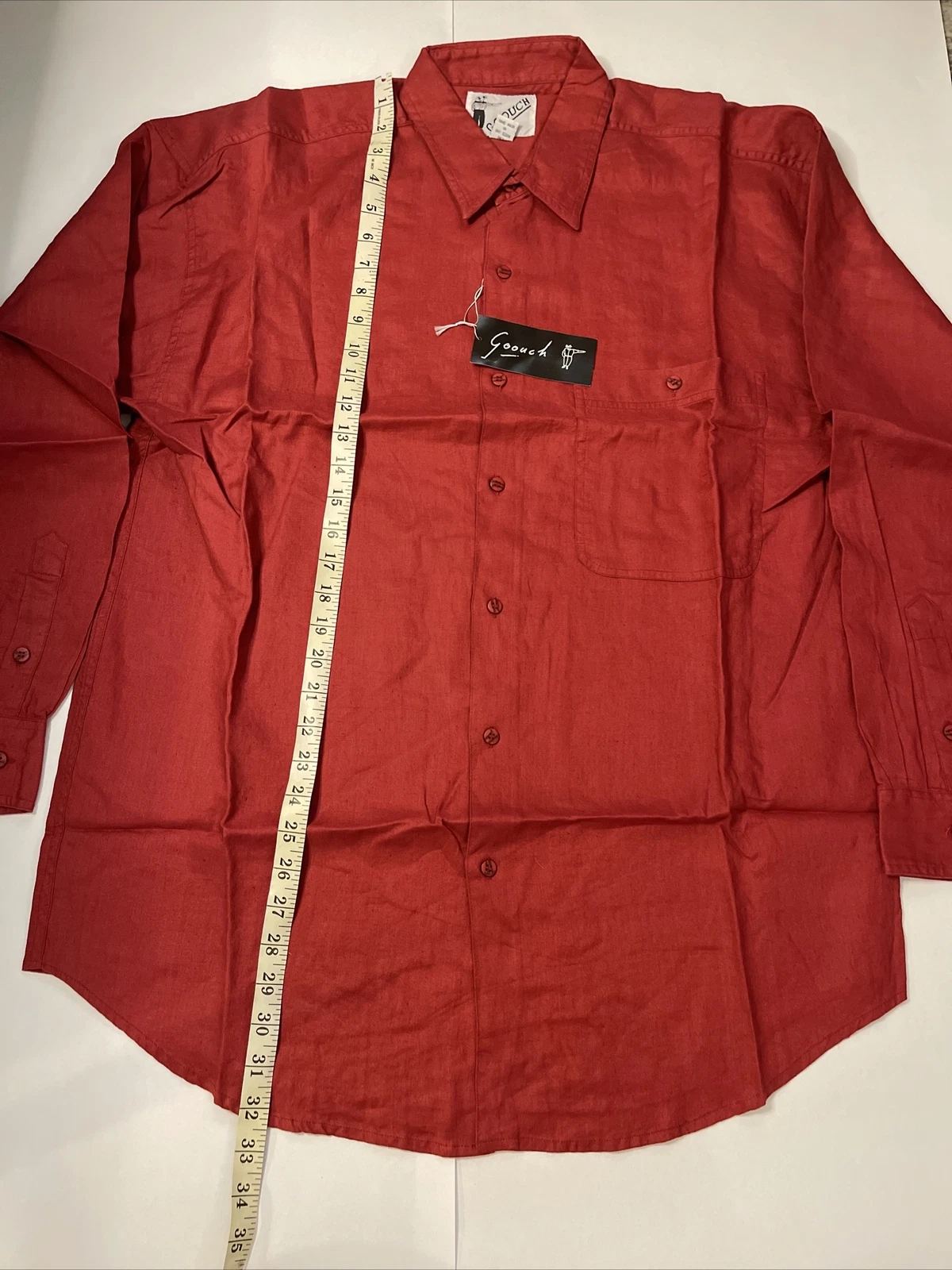 Goouch Size LARGE 100%Linen Long Sleeve Shirt DEEP Red Wine Solid Button Vintage