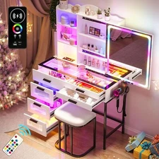 Makeup Vanity Desk with Mirror and Lights, Vanity Set with 6 Drawers and Stool
