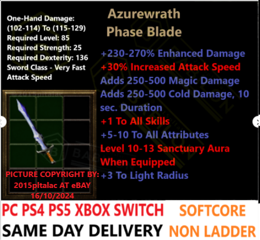✓ PC PS4 PS5 XBOX SWITCH ✓ Azurewrath Phase Blade Diablo 2