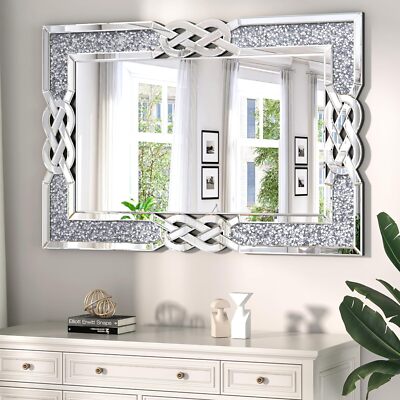 Sparkling Crystal Crush Diamond Accent Mirror for Wall Decorative Silver Mirrors
