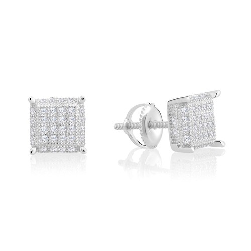 925 Sterling Silver Micro-pave White CZ Mens Square Stud Ice Cube Stud Earrings - Picture 6 of 6