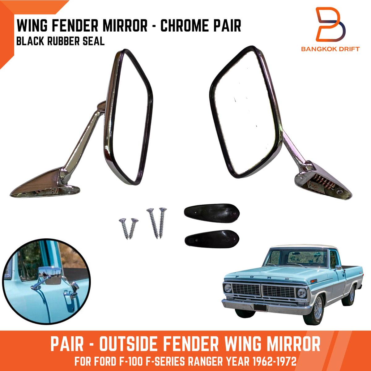 Chrome Fender Door Wing Mirrors For Ford F-100 F-Series Ranger 62