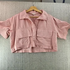 Pilcro Shirt Womens Extra Small Pink Cropped Short Sleeve Utility Boxy Top