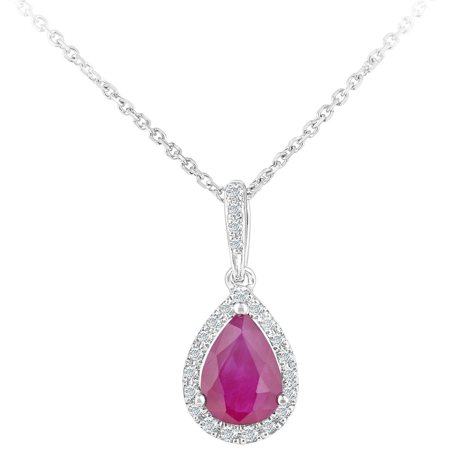 9ct White Gold Jewelco London 8pts Diamond Pear 0.8ct Ruby Teardrop Necklace 16""