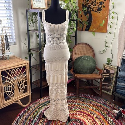 NWOT Rich & Royal Italy Ivory Crochet Knit Bodycon Boho Hippie Maxi Dress