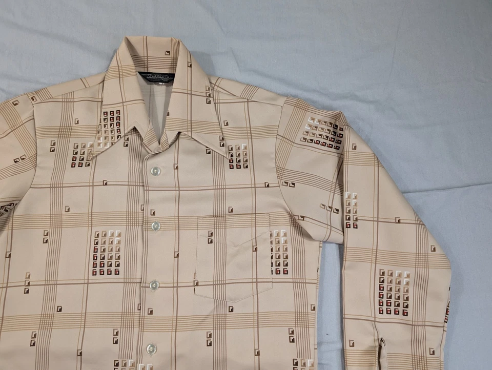 Vintage 60s 70s Image Shirt Adult Small Tan Geometric Leisure Rave Button Up - Image 4 of 4