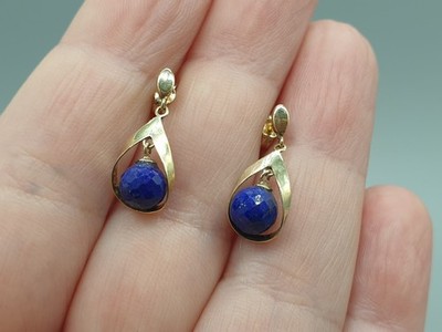 Ohrringe 9 kt Gelbgold Lapislazuli 9K 375 Natursteine Tropfen Ohrstecker