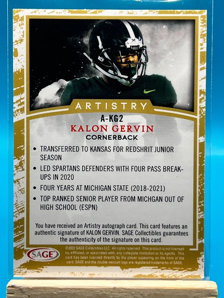 2022 Sage Artistry #A-KG2 Kalon Gervin Red - Image 2 of 2