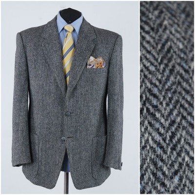Herren Fischgrät HARRIS TWEED Sakko 46R UK Vintage Grau Wolle Sport Mantel Blazer