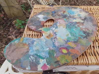 Vintage Rowney Künstler Holzpalette Nierenform bunt Ölfarbe Verwendung