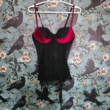 Frederick's of Hollywood Bustier Chemise Red Satin Lace Garter Goth Vampy Mesh