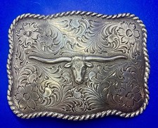 Longhorn Cow Bull Head Steer Silver Tone Swirl Ornate 1995 Western Belt Buckle