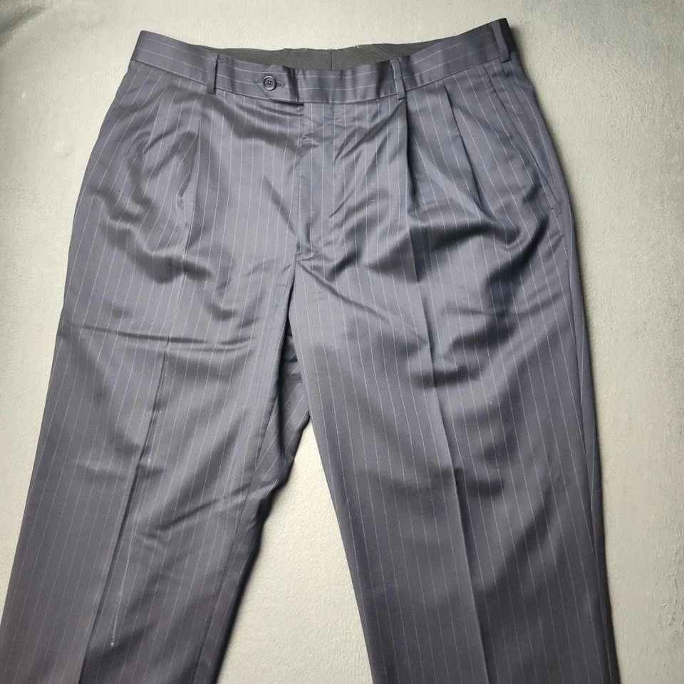 Pantalones Brooks Brothers 1818 Madison para hombre 36x30 azul a rayas lana plisada puños Foto 2 de 4