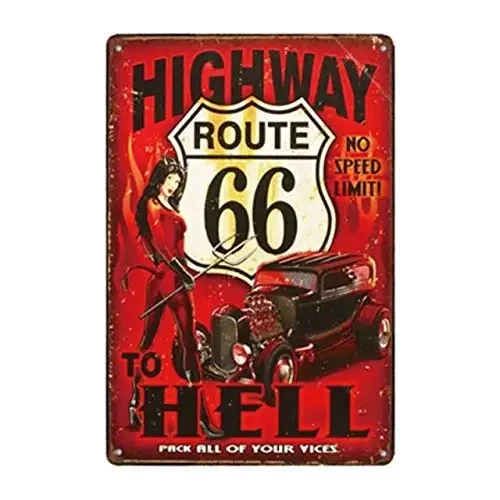 Vintage Art Highway Route 66 to Hell Car Tin Metal Signs Home Décor 8x12