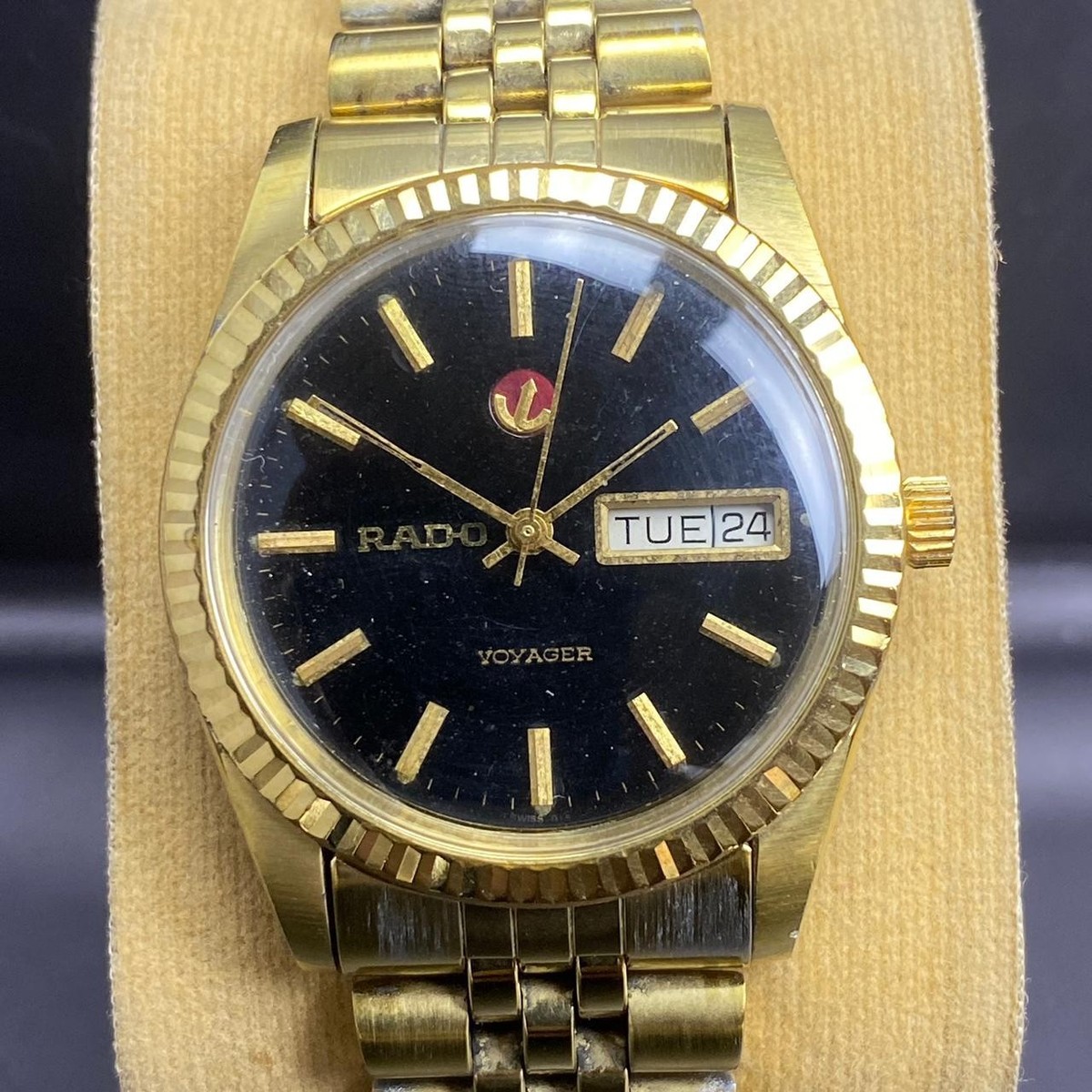 Rare Rado Voyager Automatic Black Dial Day Date Gold Baton Vintage