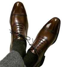Handmade Brown Genuine Leather Cap Toe Oxford Lace Up Dress Office Shoes For Men