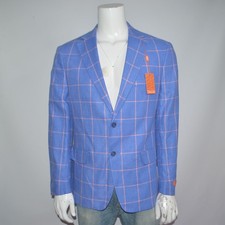 NWT TALLIA Linen Blend Blue Pink White Windowpane Sport Coat Sz 44R