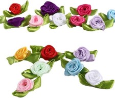Mini Satin Rose Flowers with Leaves, 100 Pieces Multicolor Ribbon Appliques f...