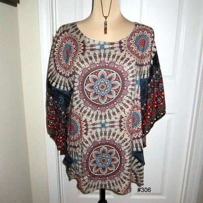 India Boutique Boho Mandala Batwing Top One Size 100% Rayon NWT