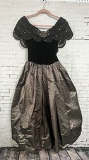 Vintage 1980 s Jessica McClintock Dress Size 6 Black Gold Velvet Metallic Full