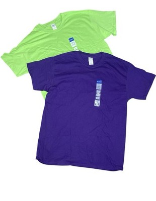 two-pack of Gildan Youth Cotton short-sleeve t-shirts in purple and lime green.