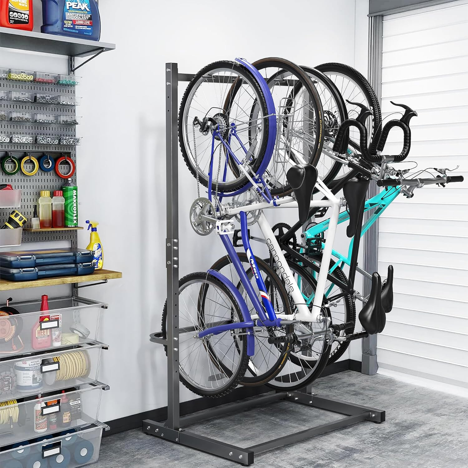 Vertical Bike Rack for Garage - Holds 4 Bikes, Freestanding Indoor Organizer