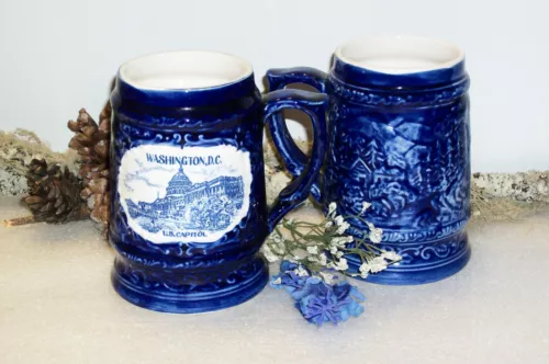 2 Vintage 1984 SILBERNE Washington DC Coffee Mugs Tea Cups 5" T 12 oz Blue White