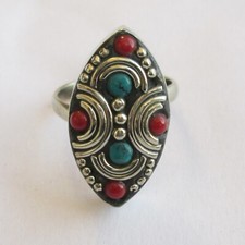 Tibetan Silver Turquoise Red Coral Original Jewelry Adjustable Round Ring R30