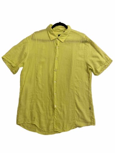 Hugo Boss Linen Button Down Shirt XL Short Sleeve Slim Fit Yellow Neon ...