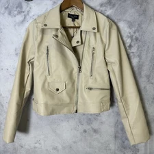 Love Tree Leather Moto Jacket Womens Medium 17.5x20 Cream NWT