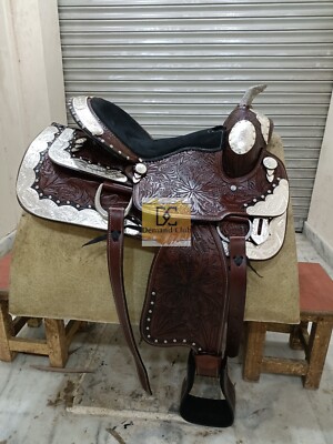 Western Show Saddle Silver Conchos Leather Horse Saddle 10-20'' Seat
