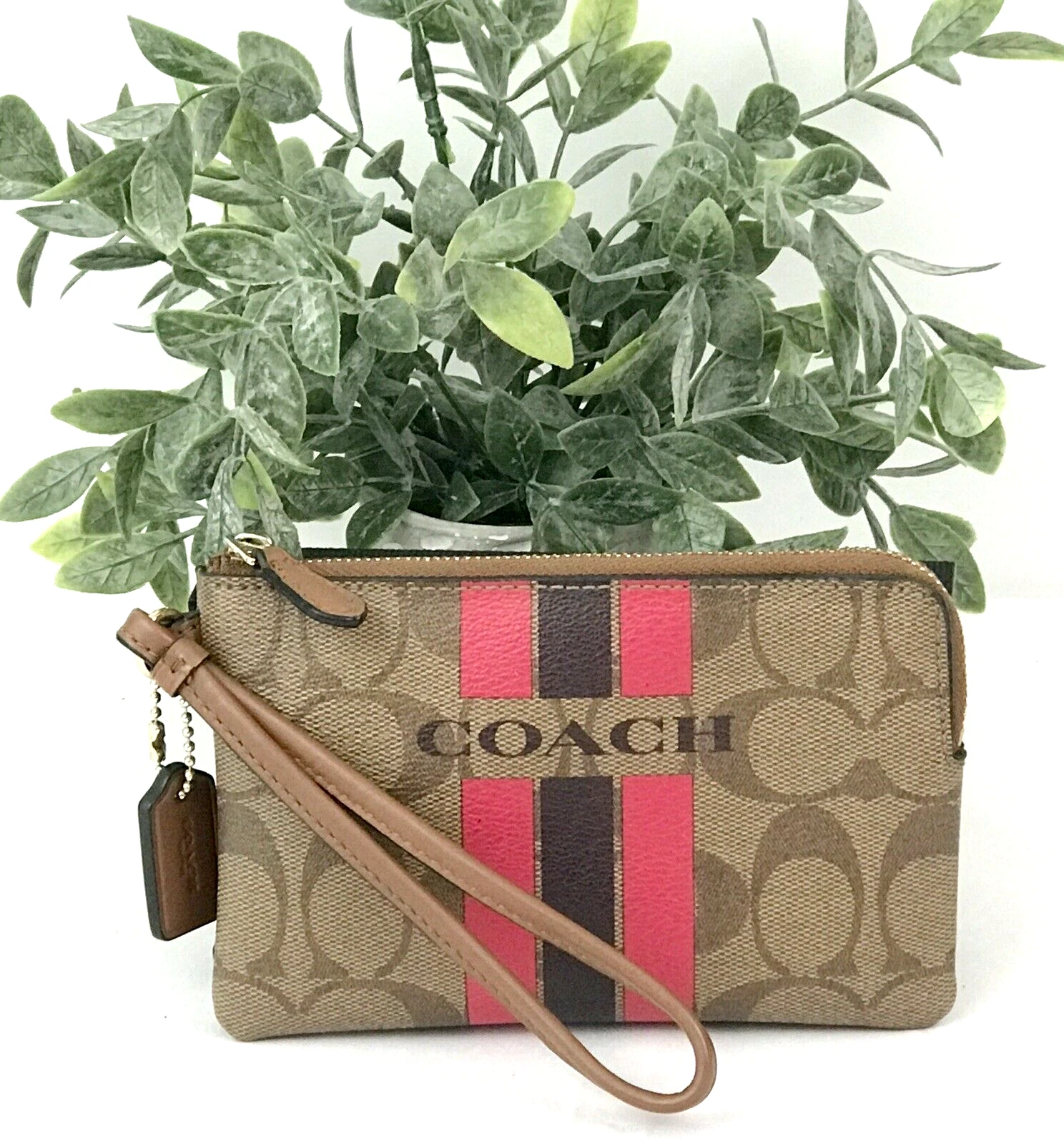 Portafoglio Coach Varsity zip angolare piccolo da polso a righe cachi rosa rubino F66052