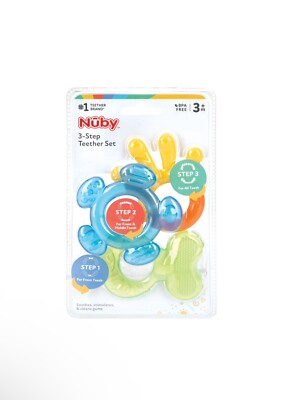 Nuby 3-Step Teether Set -Different Soothing Textures -Dishwasher Safe -BPA Free