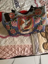 Ed Hardy Rose Graphic Tote Bag Blue Multi, Snap Closure, Lined, Pockets, Charm