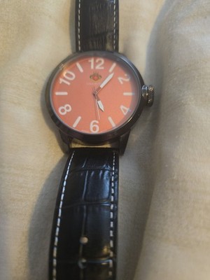 Louis Richard 9821 Dalton White Numerals Orange Dial Case Leather Strap Watch
