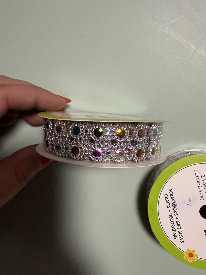 Floral Garden Gem Mesh Ribbon 2 Rolls 3/4" x 3 Yards Each Silver with Multicolor - Image 2 of 4