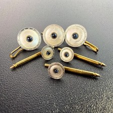 Vintage 14K Gold Tuxedo Stud Set Mother of Pearl Sapphire Art Deco 6pc Rare