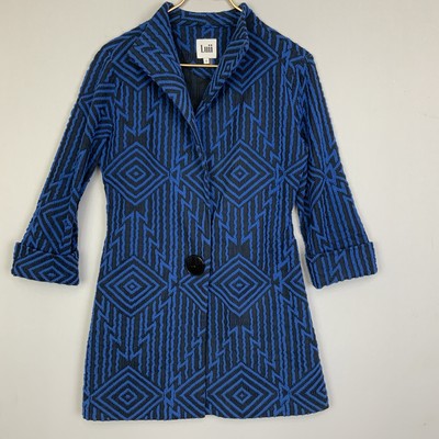 Luii Sz Small Mid Length Blue Black Textured Geometric Print Button Jacket Artsy