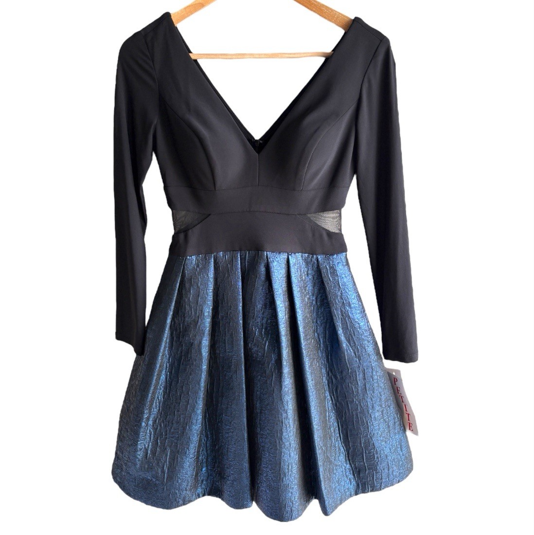 XSCAPE Dress Blue Lurex Brocade Fit Flare Mesh Insert Size Petite  Homecoming