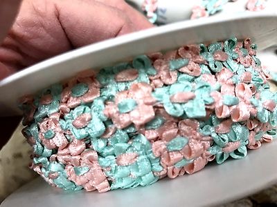 vintage rococo trim ribbon 3/8'' satin flower 1yd pink aqua