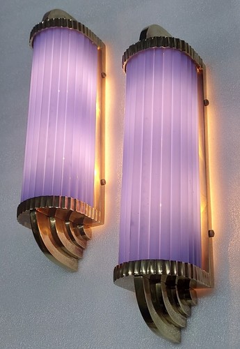 Pair Antique Vintage Art Deco Brass Blue Glass Rod Ship Light Wall Sconces Lamp