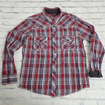 Rock & Roll Cowboy Shirt Mens Large Red Plaid Western Black Snap Embroidered