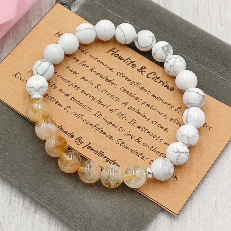 Pulsera elástica de piedras preciosas curativas de cristal hecha a mano CITRINO Y HOWLITA 6/8 mm. Foto 2 de 4