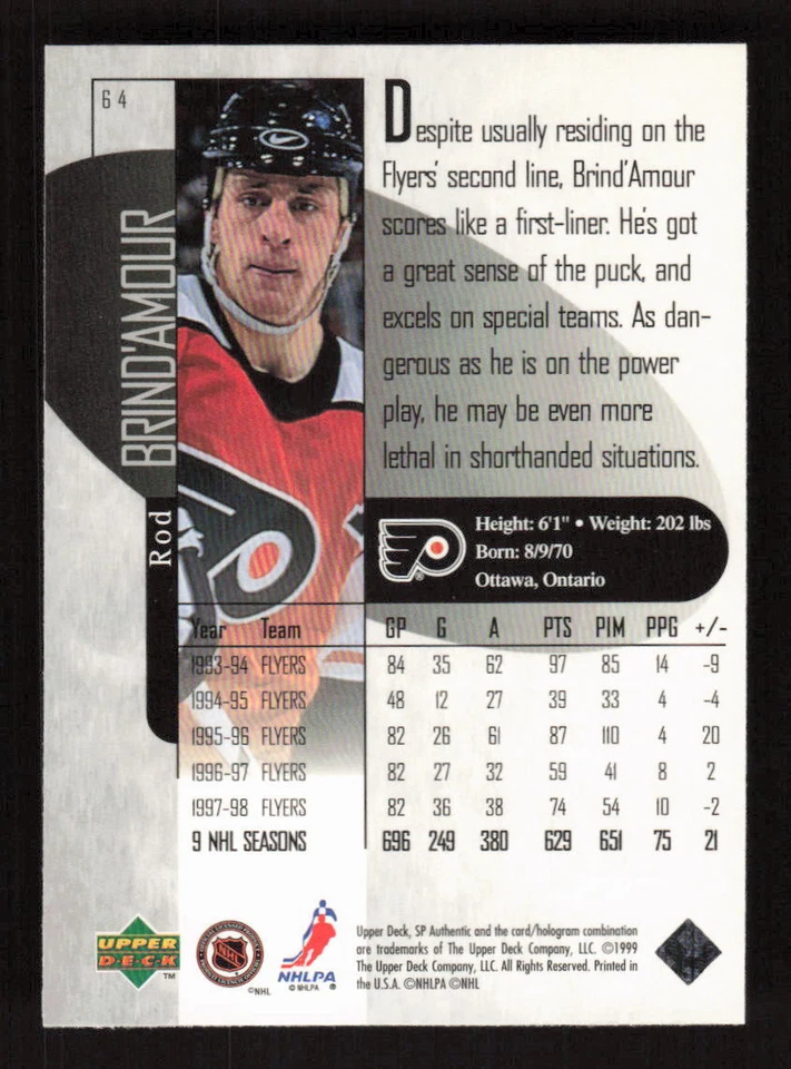 1998-99 SP Authentic #64 Rod Brind'Amour Philadelphia Flyers - Image 2 of 2