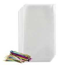 200 pk Clear Plastic Cellophane Goodie Bags 4x6 w/ 4" Twist Ties, Treat Bags