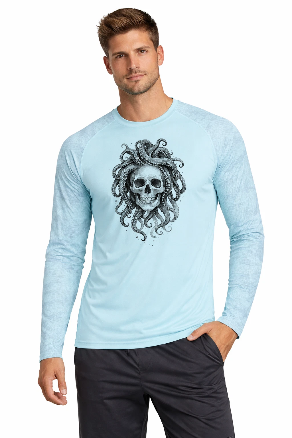 Skull Octopus Water Sport Boat Camo Long Sleeve UPF 50 T-Shirt UV Protection