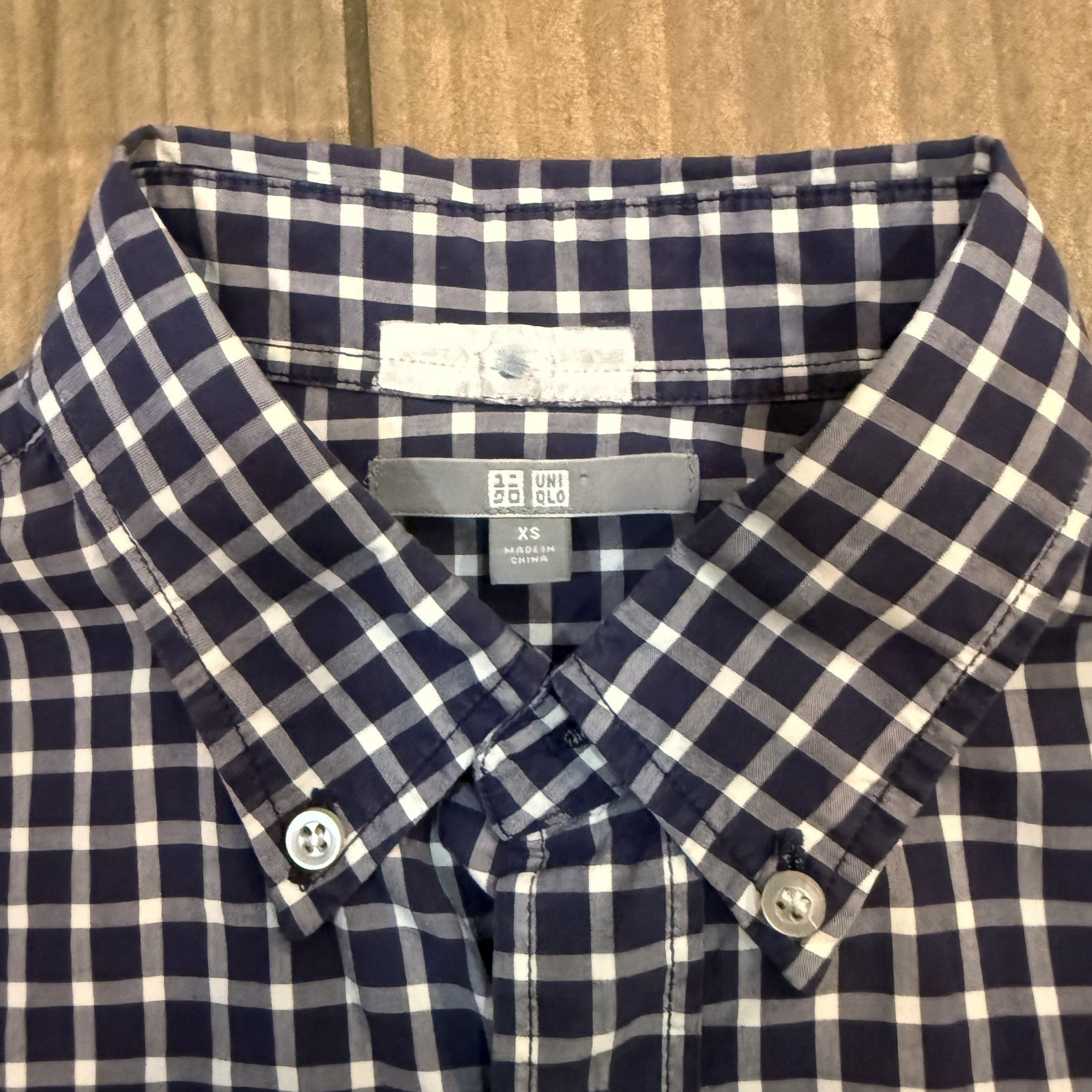 Uniqlo Long Sleeve Cotton Navy Blue White Gingham Check Button Up Shirt Men's XS thumbnail 4