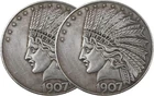 2PCS 1907 Antique Liberty Indian Head $10 Dollar Coin, Uncirculated Morgan Silv